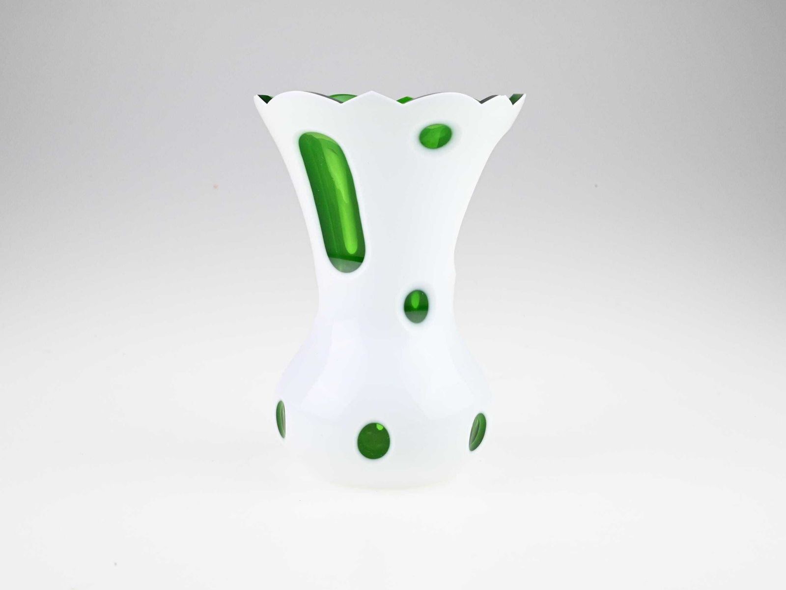 Antique Glass Vase With Green Spots And Cut Outs, Green And White Glass Vase, Czech Glass Vase, Mid Century Vase, Glass Vase, Handmade Vase photo Home Decor