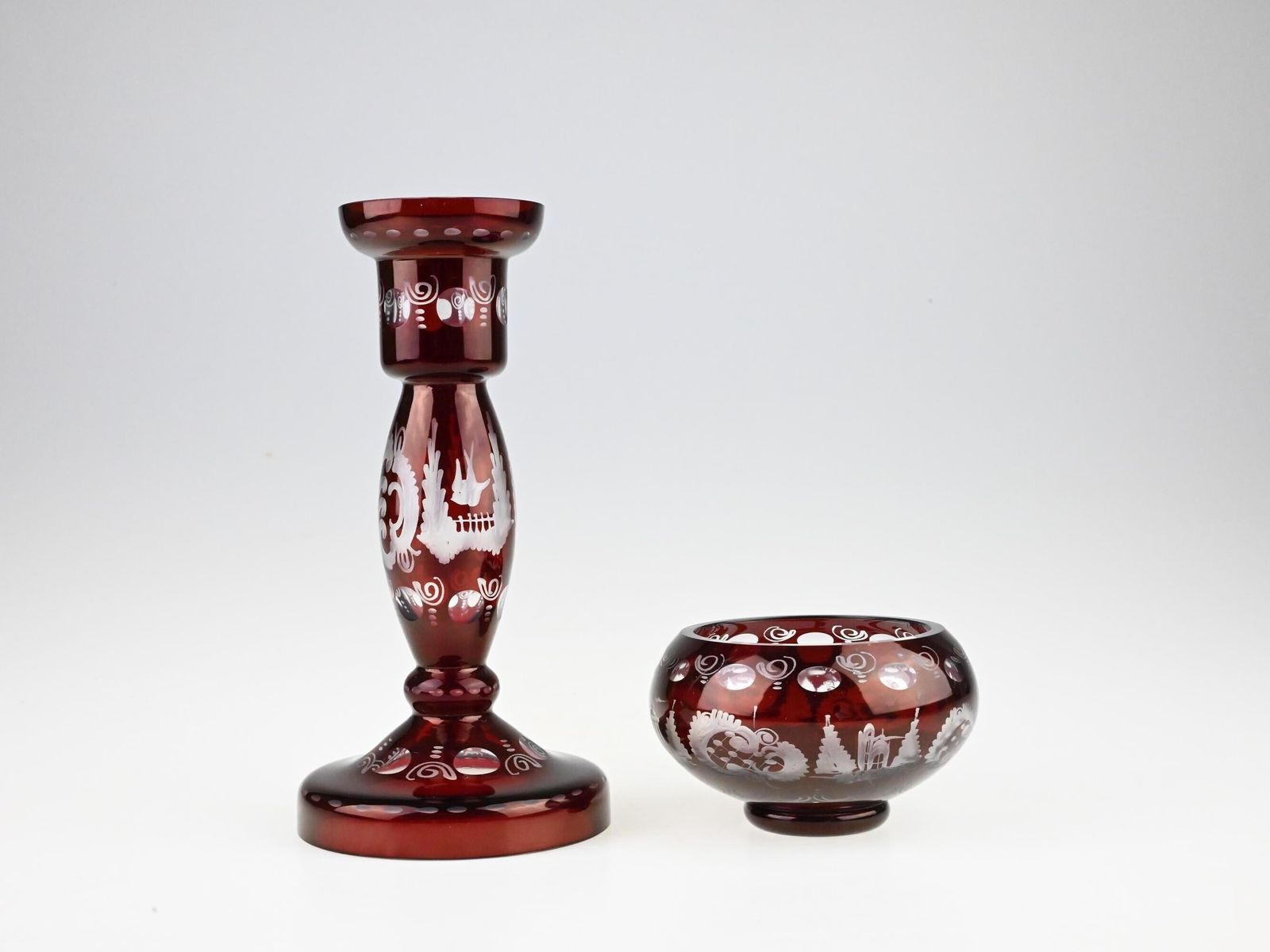 Egermann Ruby Red Glass Candle Holder & Bowl Set, Egermann Candle Holder, Egermann Bowl, Red Cut Glass, Red Cut To Clear Glass, Red Glass photo Home Decor