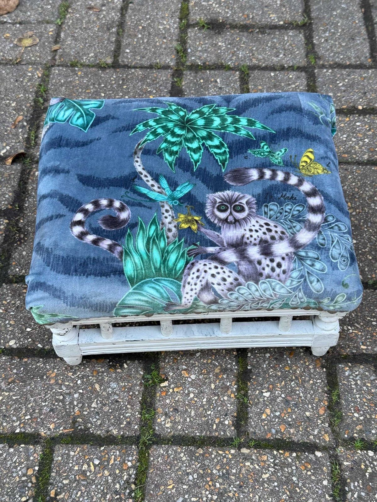 Vintage Reupholstered Stool With Botanical Animal Print Fabric – Distressed Painted Wooden Frame / Eclectic Footstool Or Accent Seat, Lemurs photo furniture