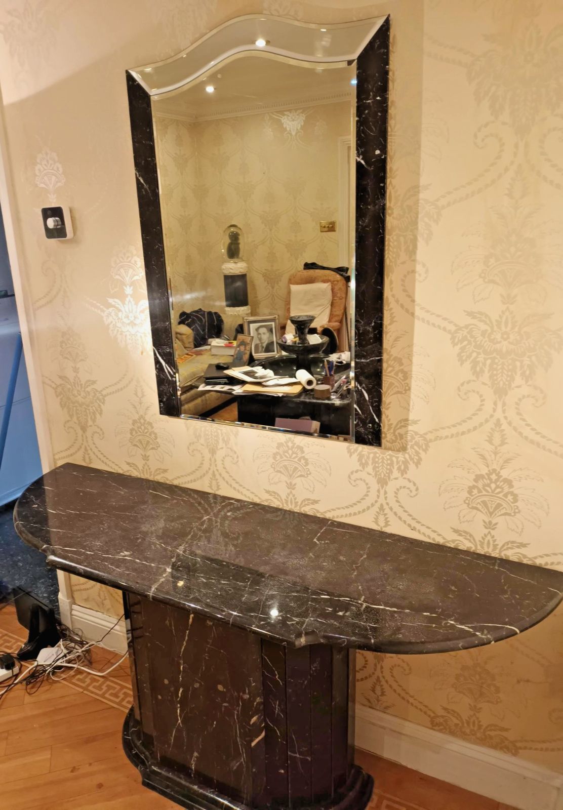 Black Real Italian Marble Designer Console & Mirror, 80s Modern Arte Deco Style photo for sale