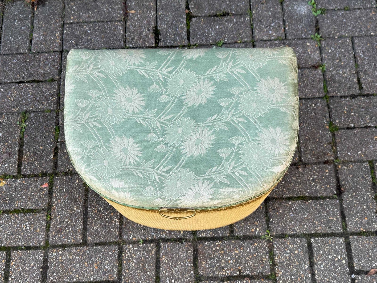 photo furniture 1950s Lloyd Loom Style Laundry Basket – Vgc Gold Wicker Storage Chest With Sage Green Floral Lid, Mid Century Bedroom Decor, Linen Basket