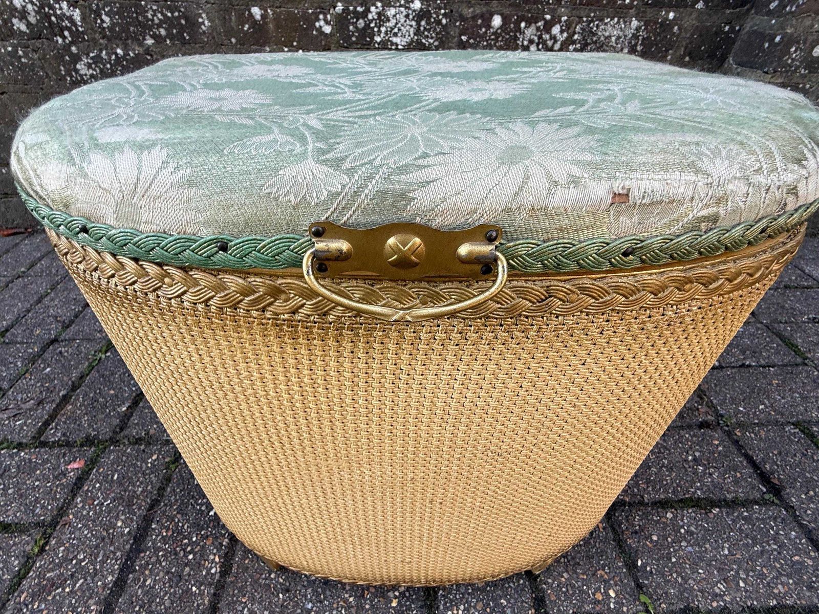 photo buy 1950s Lloyd Loom Style Laundry Basket – Vgc Gold Wicker Storage Chest With Sage Green Floral Lid, Mid Century Bedroom Decor, Linen Basket