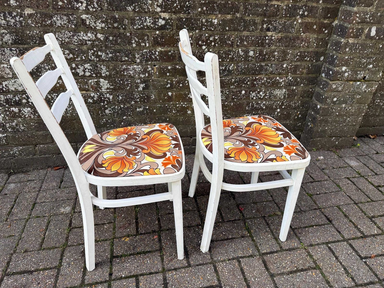 Pair Of 1970s Dining Chairs – Retro Ladderback Chairs With Psychedelic Orange Fabric, Vintage Mid Century Seating, Stamped Or Kitchen Chairs photo buy