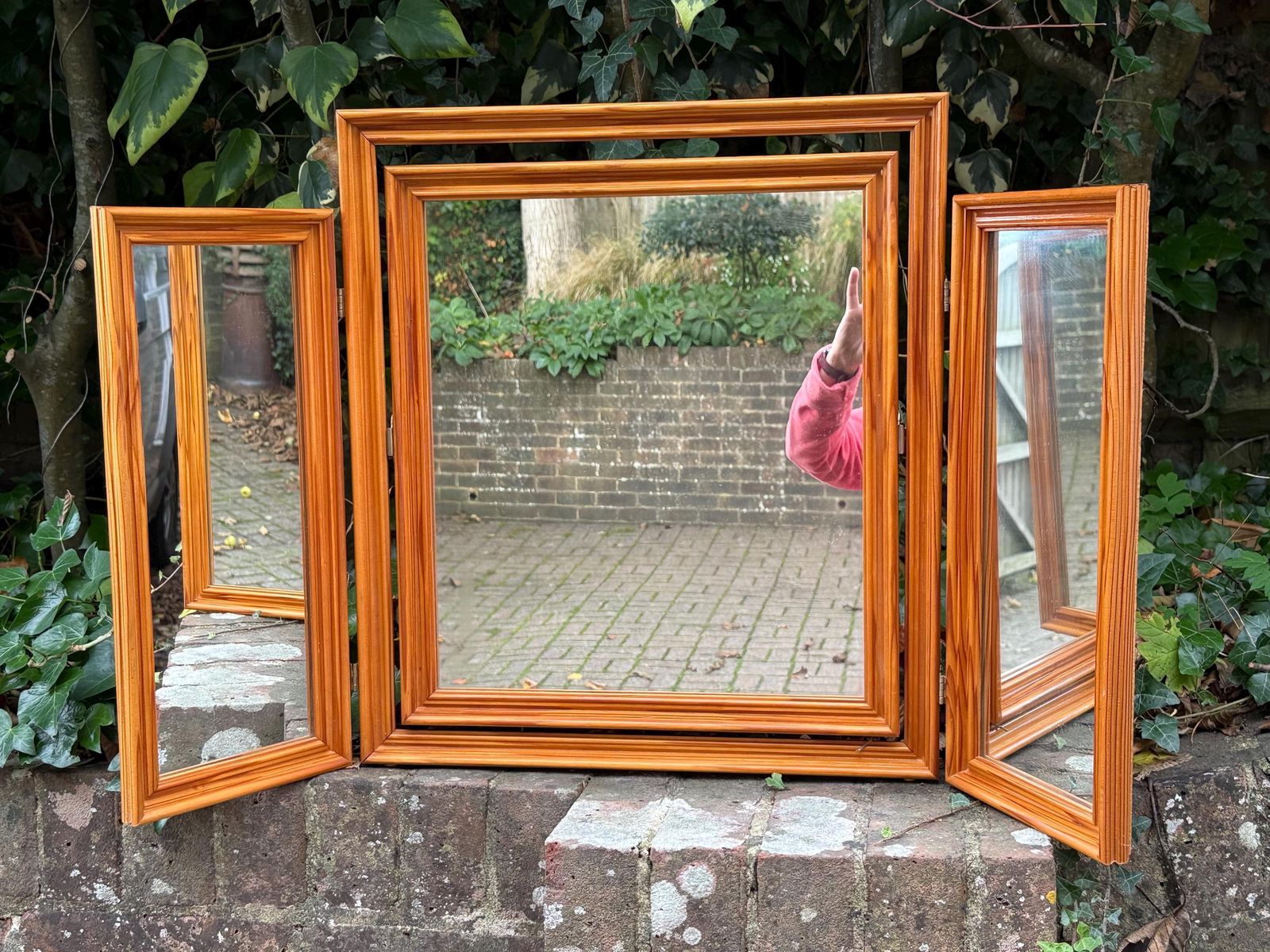 Vintage 1980s Pine Tri Fold Mirror – Retro Dressing Table Or Vanity Mirror / Warm Honey Wood Folding Mirror, Vintage Triple Mirror photo furniture