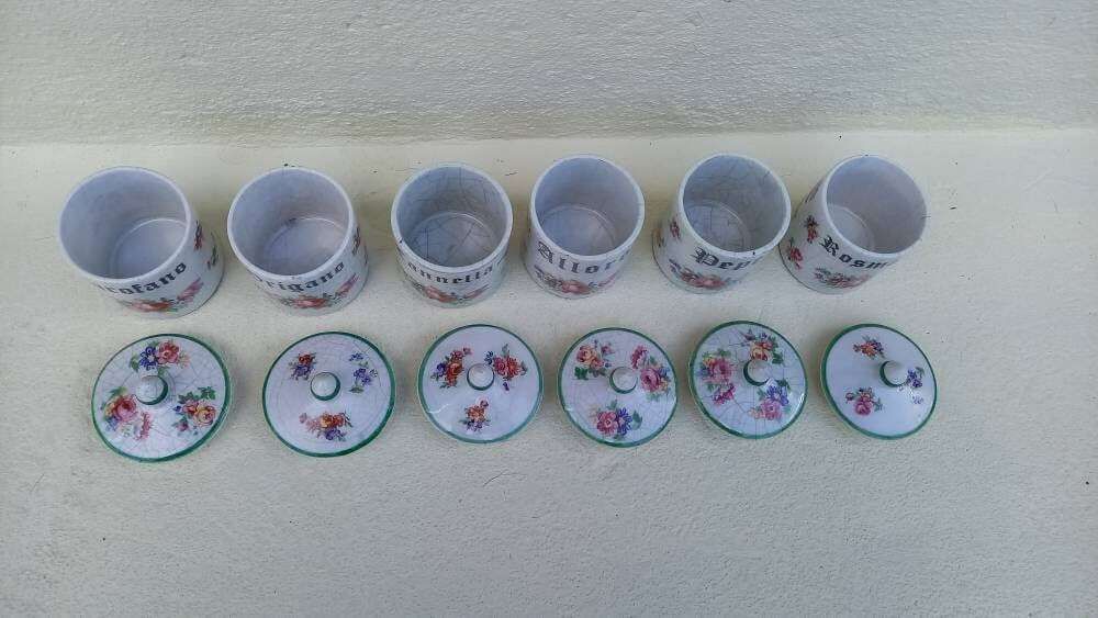 Vintage Italian Kitchen Cannisters, Spice Rack: Ceramic Pots With Leather Shelf photo buy