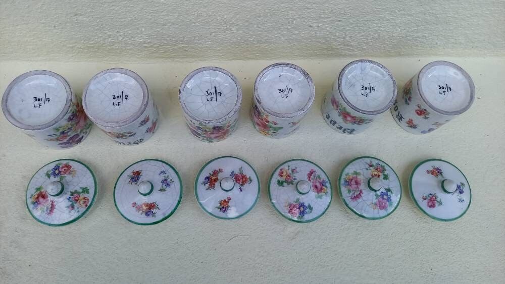 Vintage Italian Kitchen Cannisters, Spice Rack: Ceramic Pots With Leather Shelf photo vintage
