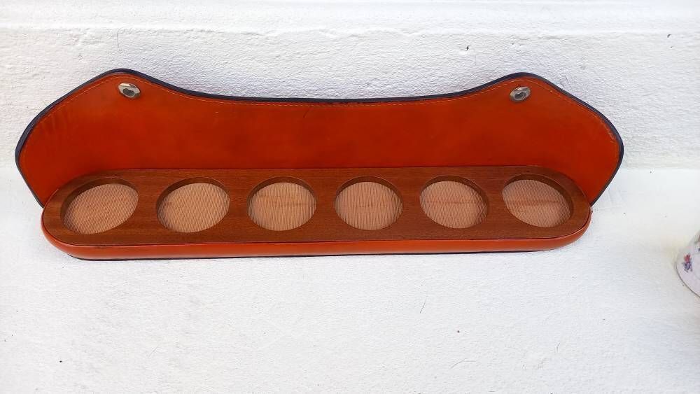 photo for sale Vintage Italian Kitchen Cannisters, Spice Rack: Ceramic Pots With Leather Shelf