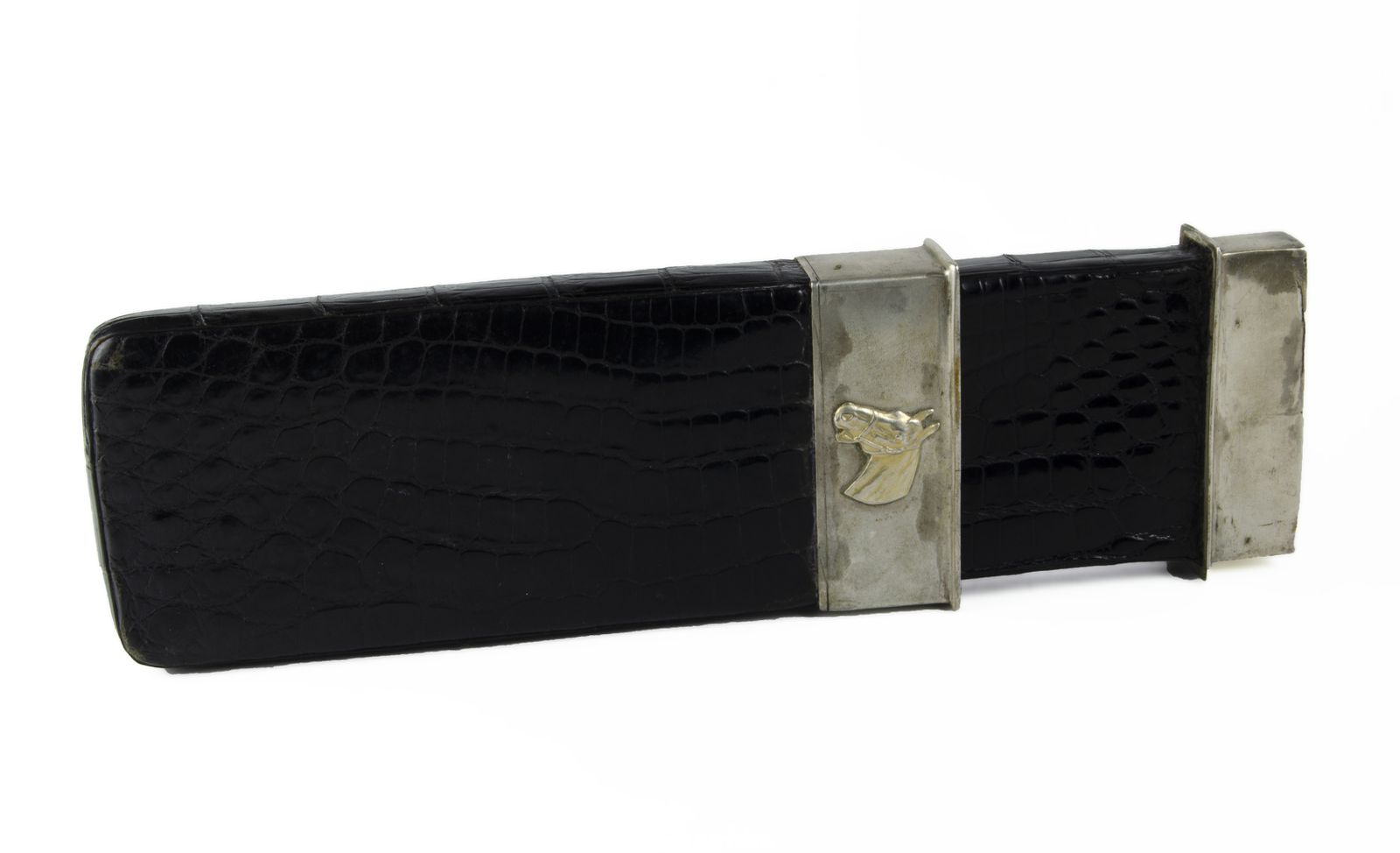 Early 20th Century Belle époque Faux Crocodile Leather And Silvered Metal Cigar Case With Horse Decoration By Ducas Paris, France photo Home Decor
