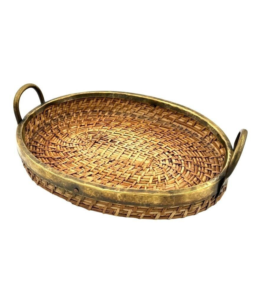 An Italian 1970s Woven Pencil Reed Bamboo And Brass Basket With Two Brass Handles photo Home Decor