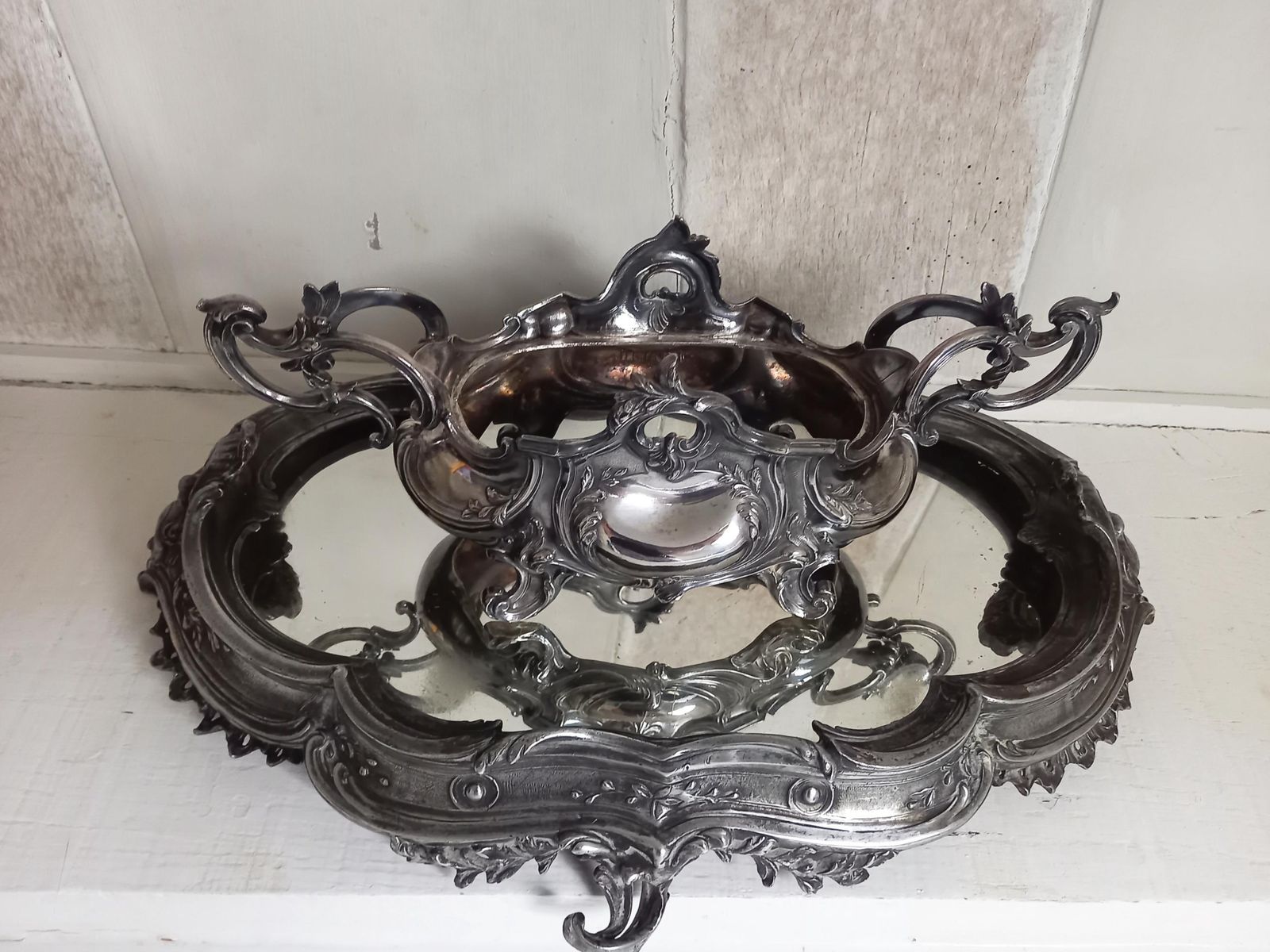 Antique French Jardiniere And Mirrored Stand Table Centrepiece Silver Plated photo furniture