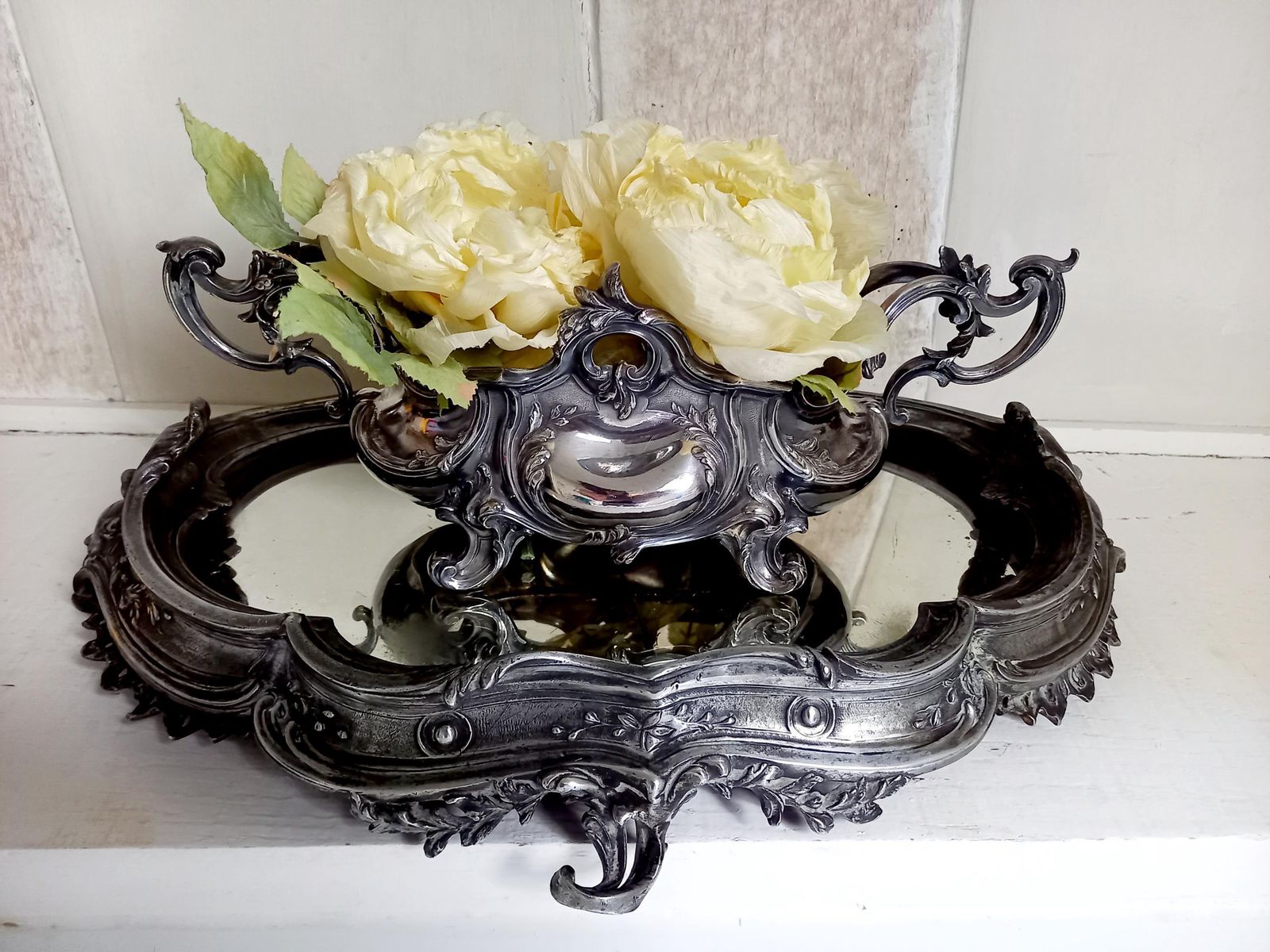 Antique French Jardiniere And Mirrored Stand Table Centrepiece Silver Plated photo vintage