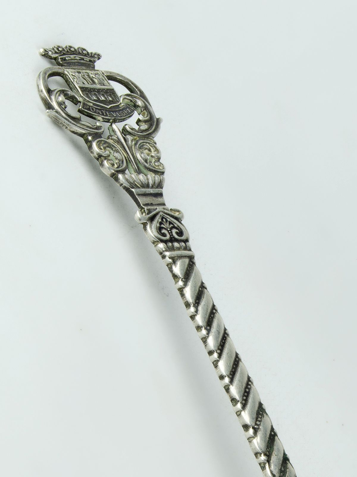 Century Silver Heraldic Souvenir Spoon With 5 Pesetas Coin Bowl Featuring King Alfonso XII, Spain photo furniture