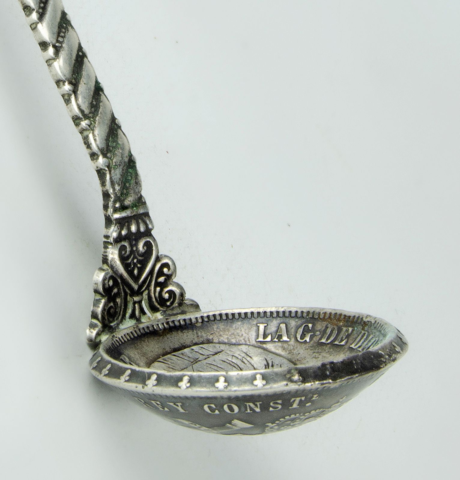 Century Silver Heraldic Souvenir Spoon With 5 Pesetas Coin Bowl Featuring King Alfonso XII, Spain photo 700.0