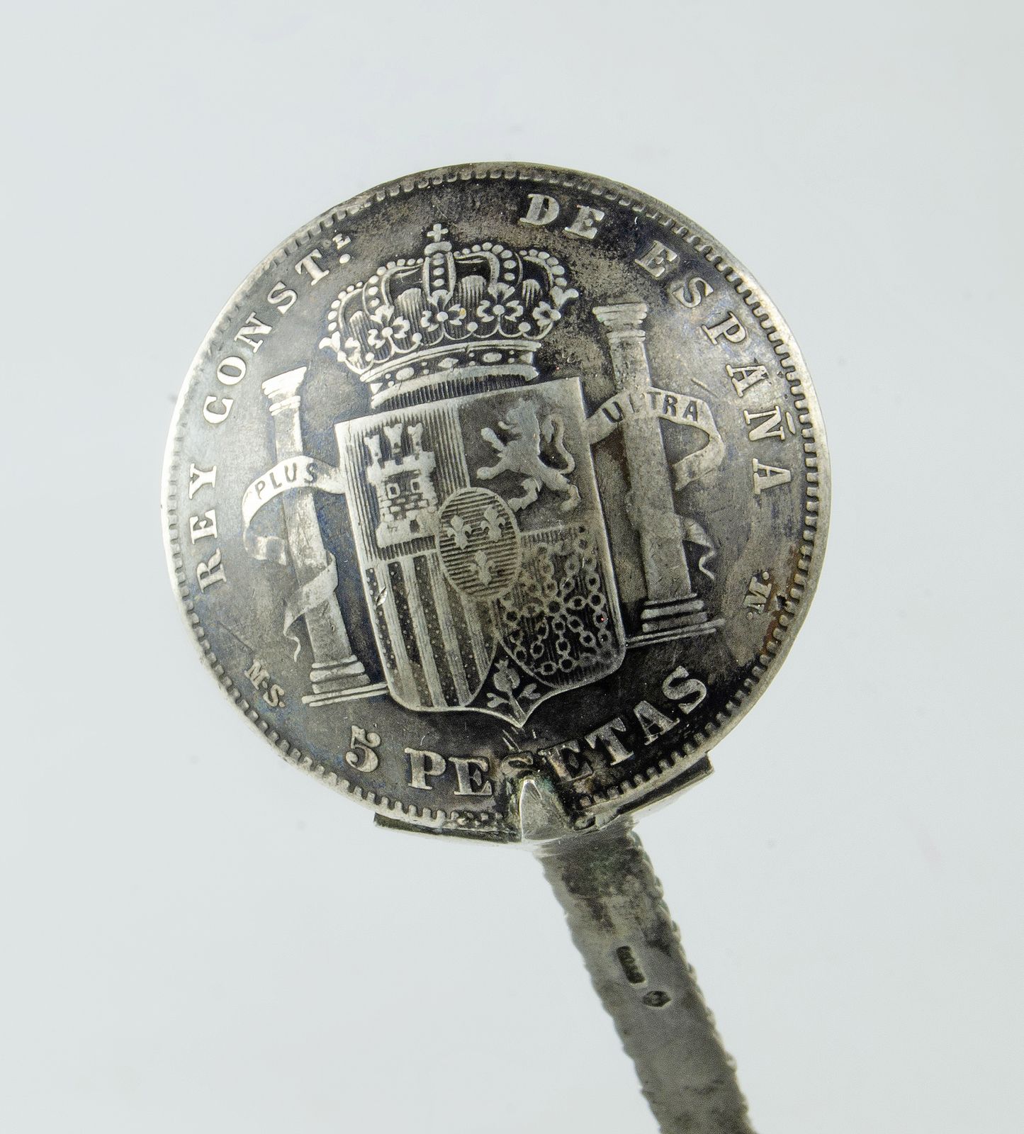 Century Silver Heraldic Souvenir Spoon With 5 Pesetas Coin Bowl Featuring King Alfonso XII, Spain photo vintage