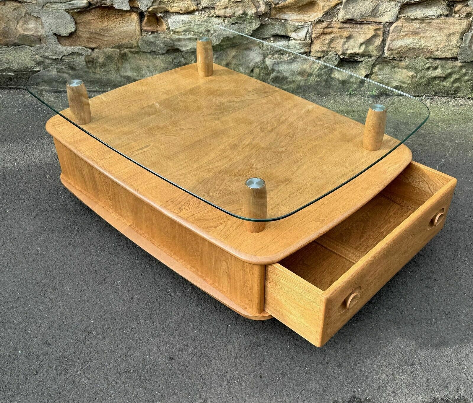 Ercol Light Elm Windsor Glass Top Coffee Table   Pandoras Box photo 585.0