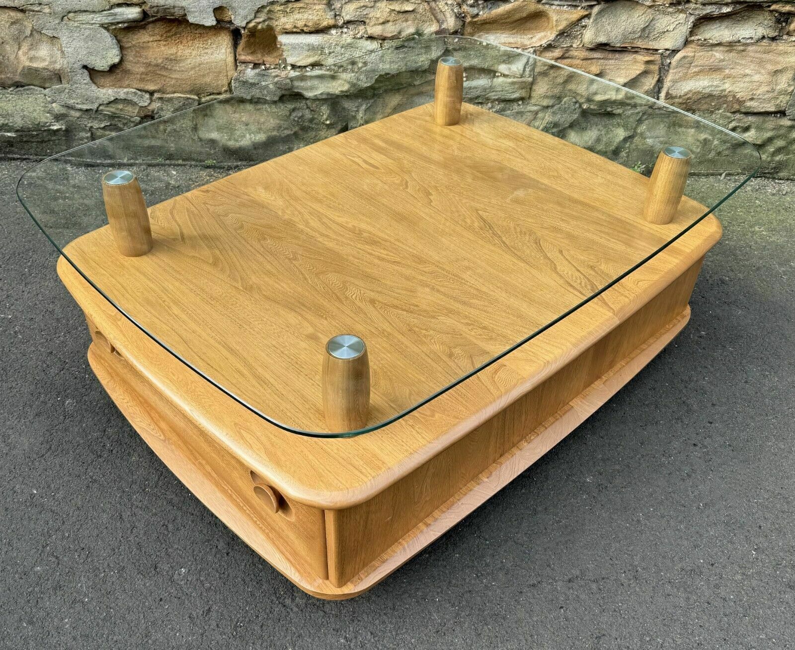 Furniture Ercol Light Elm Windsor Glass Top Coffee Table   Pandoras Box photo