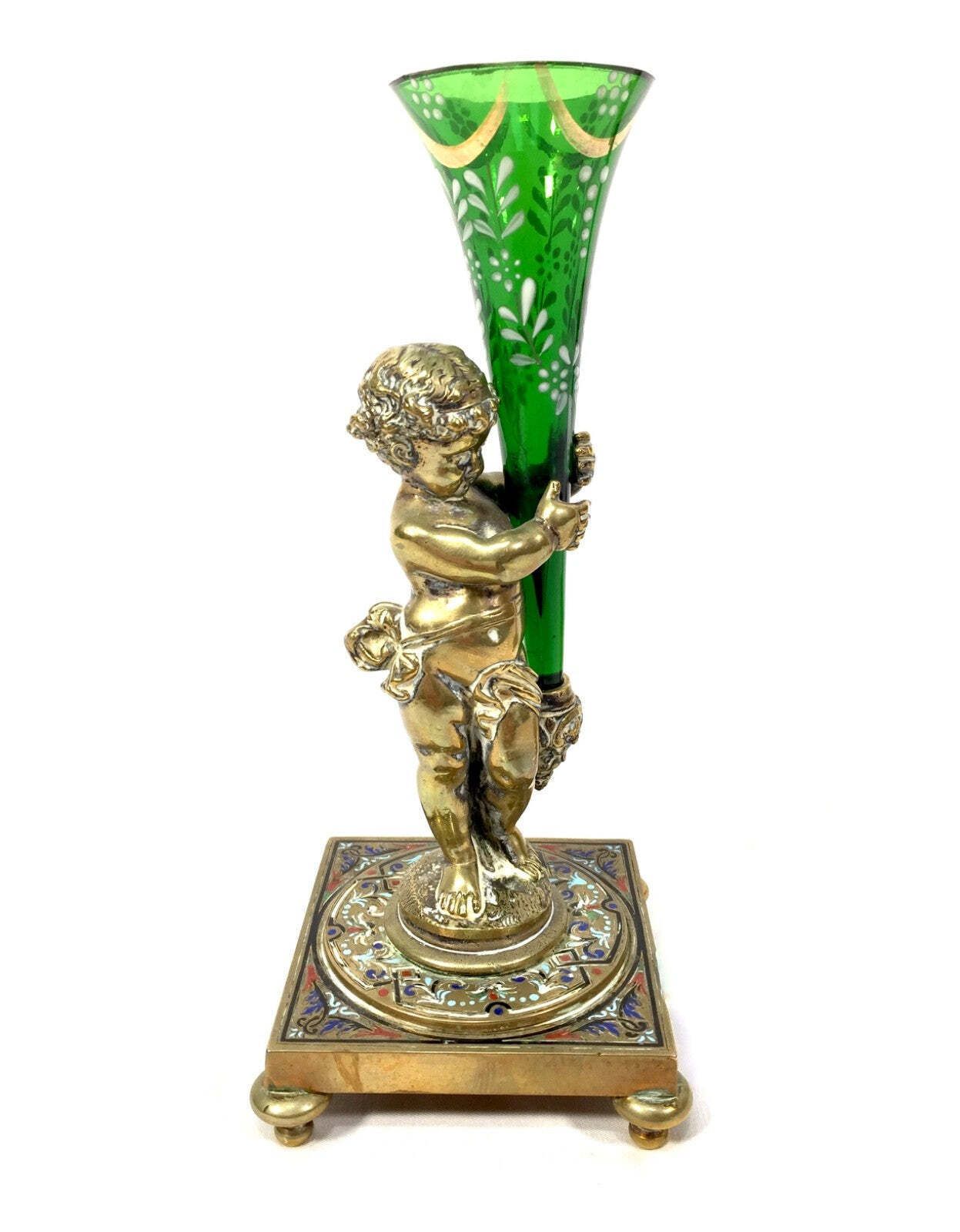 Antique Pair Of French Gilt Bronze & Champlevé Enamel / Hand Painted Glass Vases photo vintage