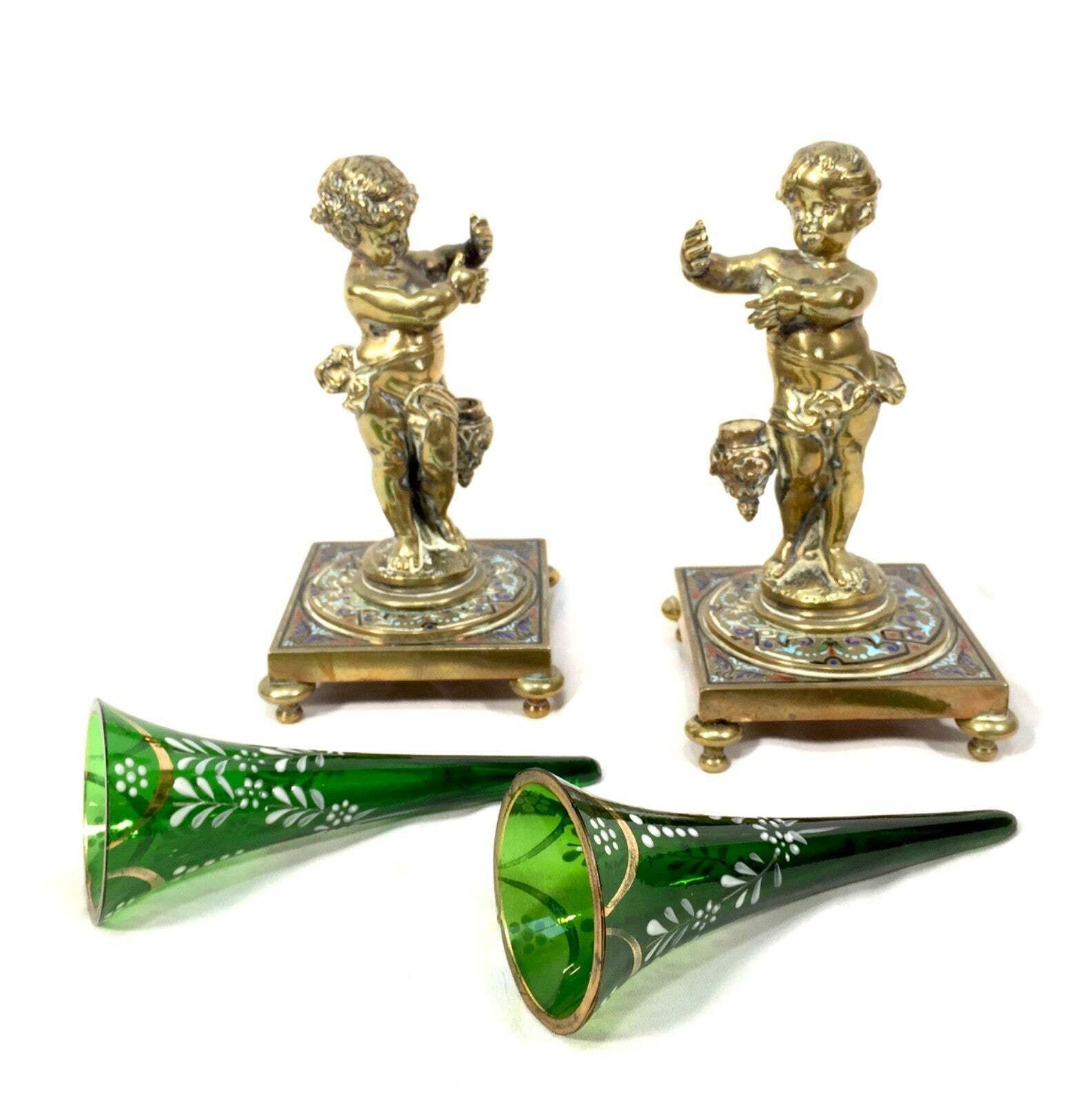 photo furniture Antique Pair Of French Gilt Bronze & Champlevé Enamel / Hand Painted Glass Vases