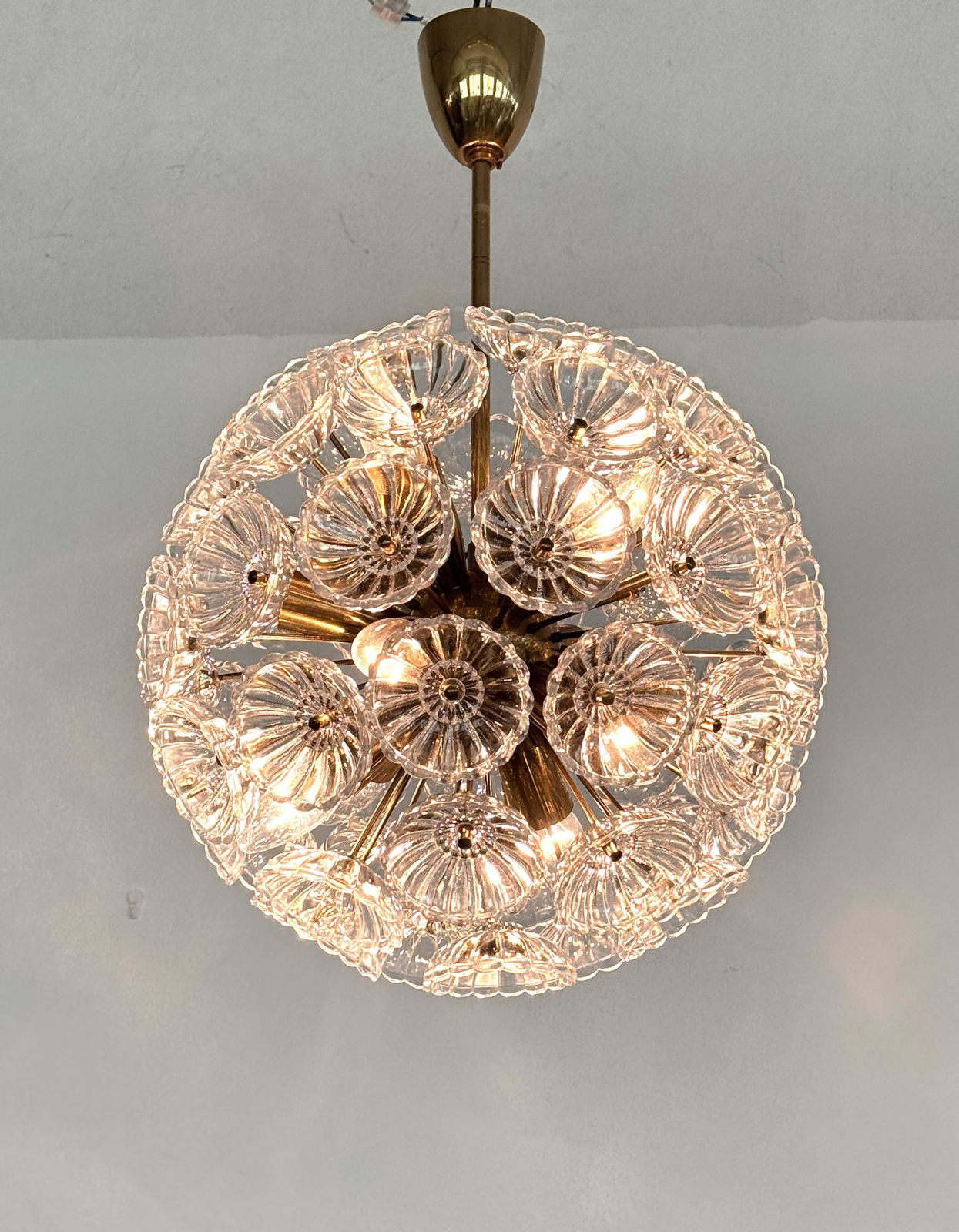 photo for sale Midcentury Sputnik 'Dandelion' Chandelier Glass Flowers & Brass, Germany 1960