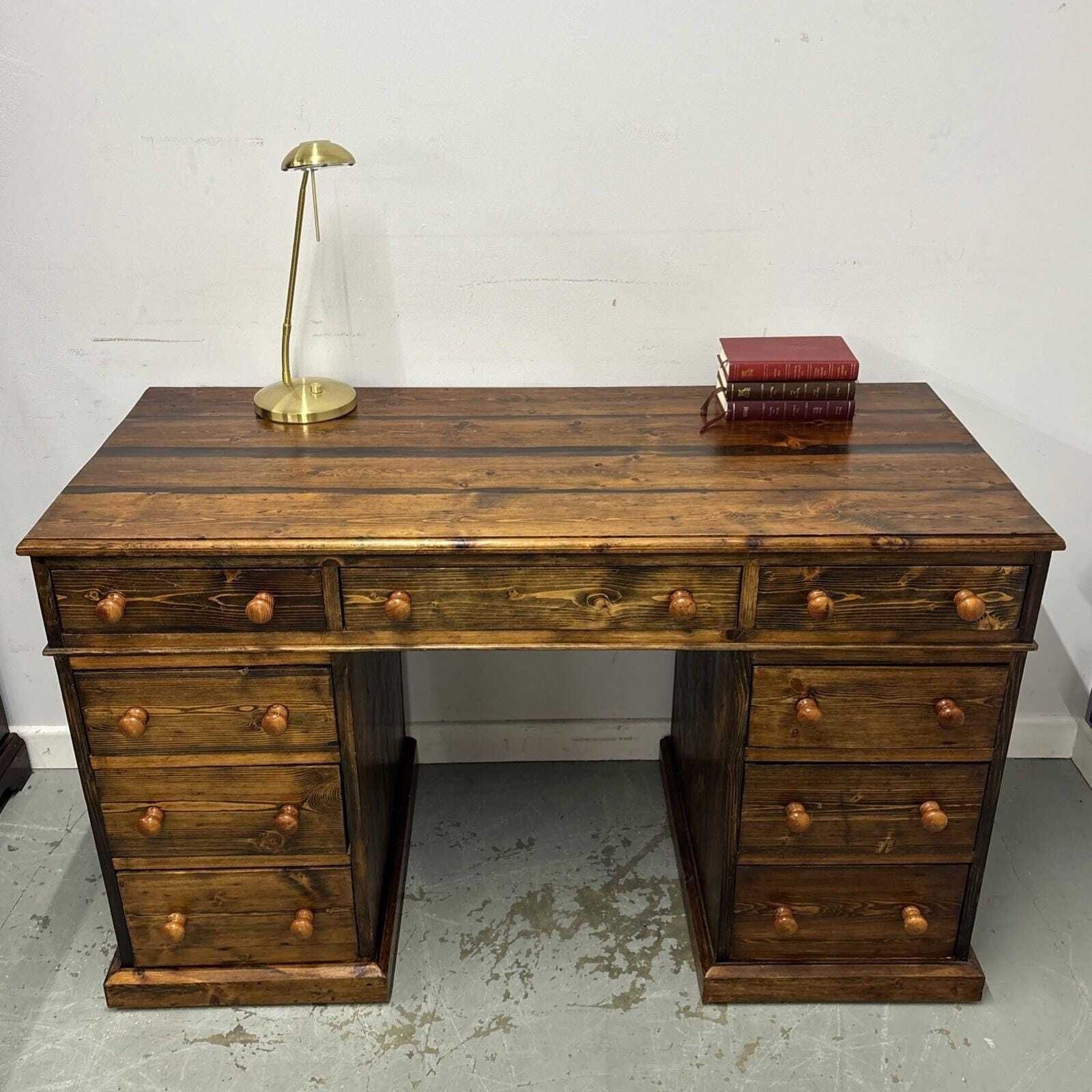Vintage Wood Pedestal Desk – Traditional Writing Table With Drawers, Classic Home Office Furniture, Rustic Farmhouse Style Desk photo vintage