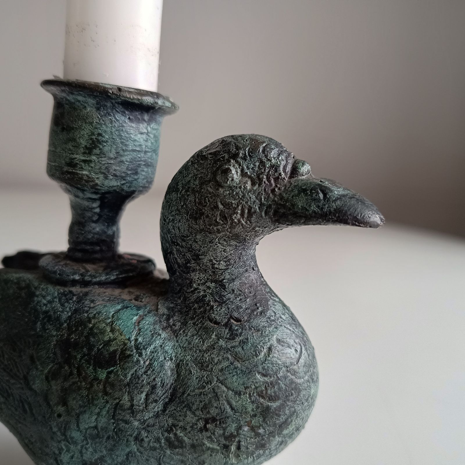Late 18th Century Belgian Provincial Bronze / Brass Zoomorphic Duck Candlestick, Original, Natural Verdigris Patina photo vinterior