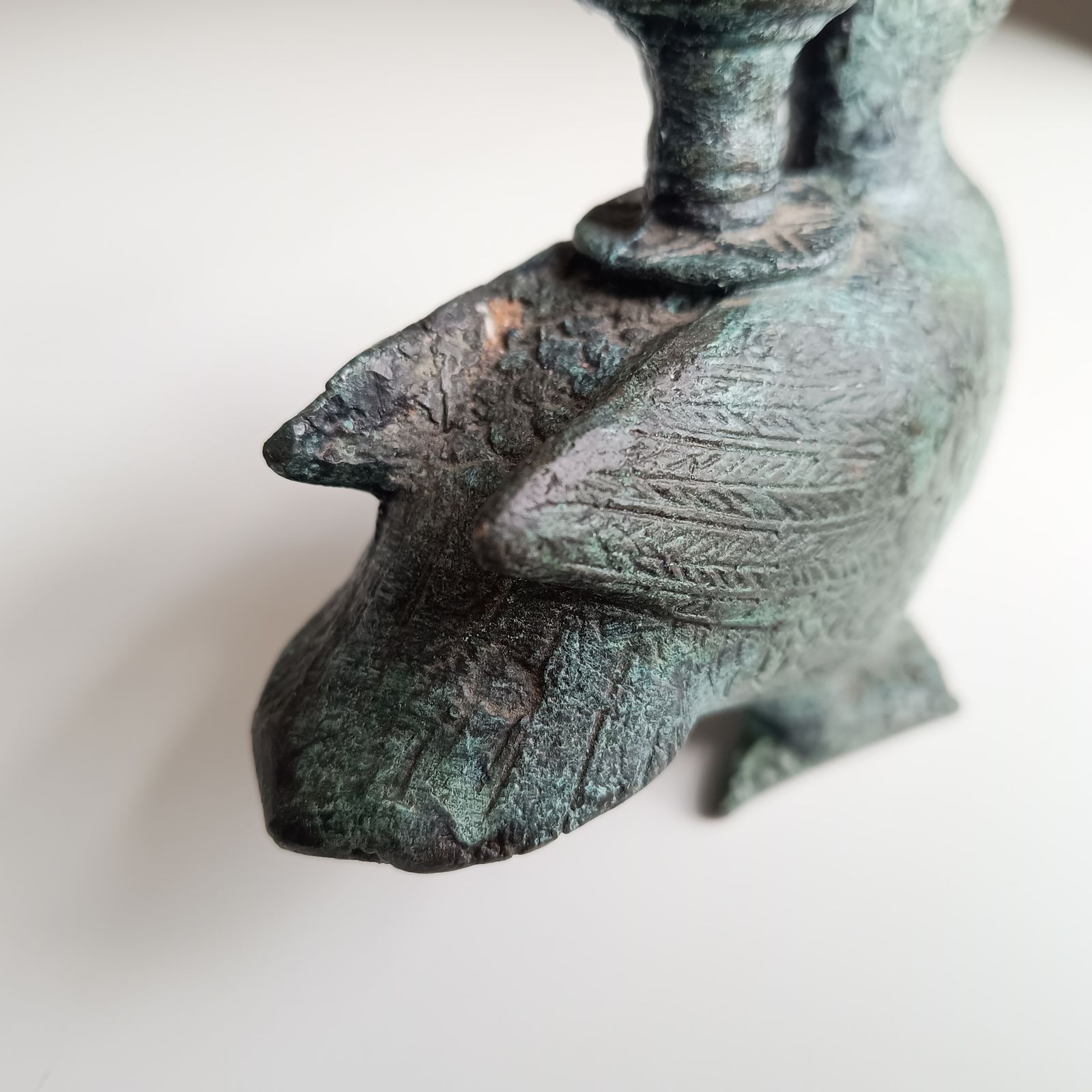 195.0 Late 18th Century Belgian Provincial Bronze / Brass Zoomorphic Duck Candlestick, Original, Natural Verdigris Patina photo