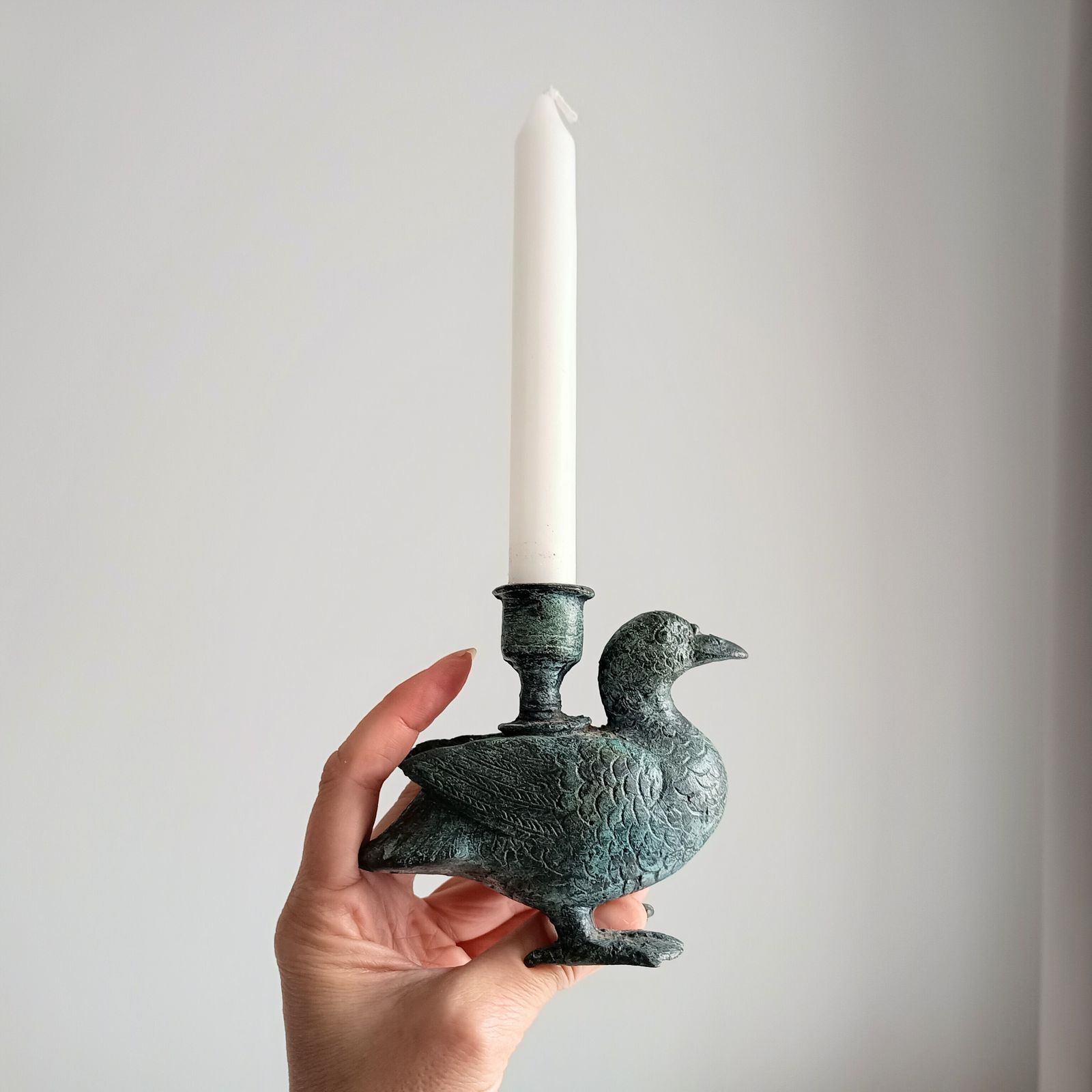 Late 18th Century Belgian Provincial Bronze / Brass Zoomorphic Duck Candlestick, Original, Natural Verdigris Patina