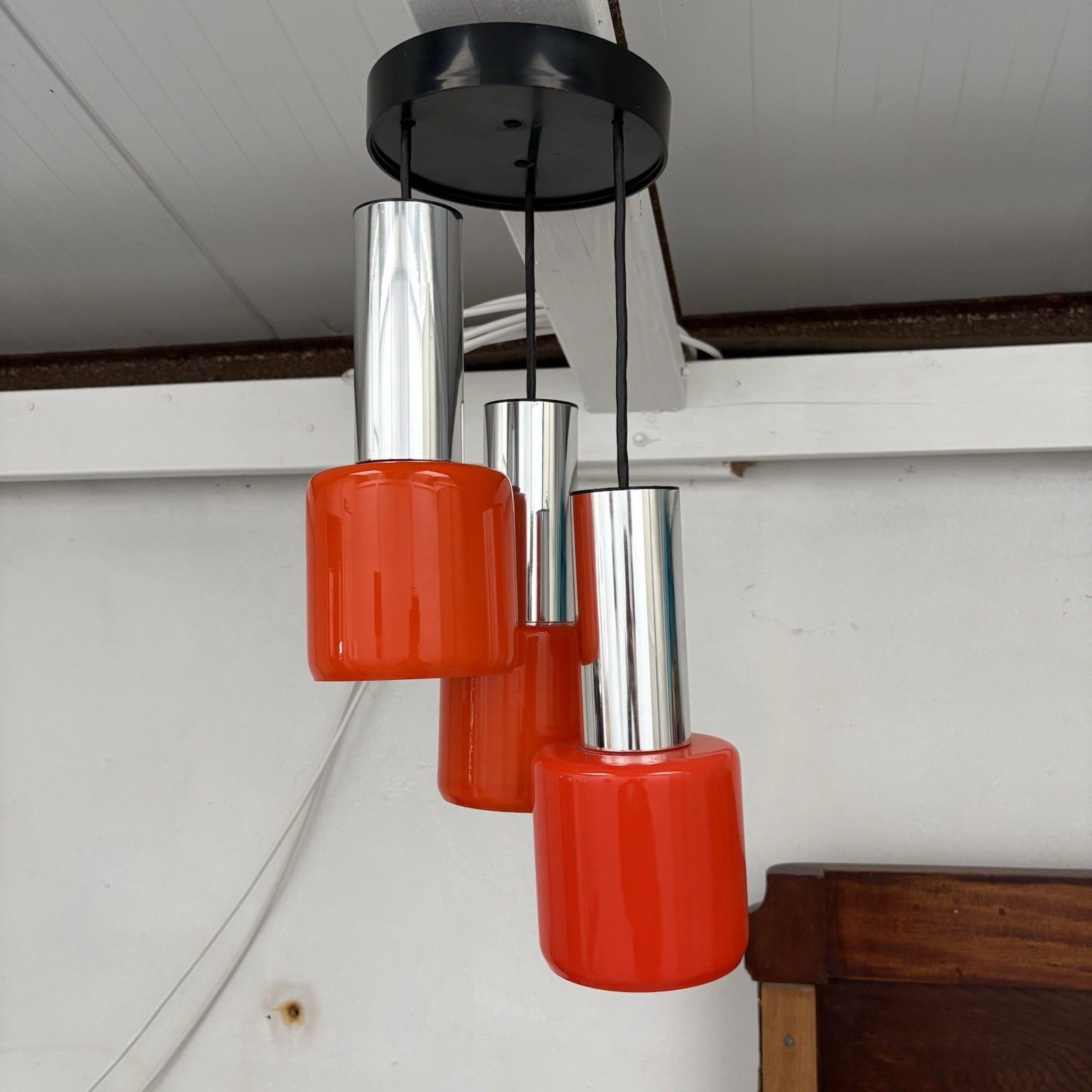 A Vintage 1960s Atomic Thorn Atlas Orange Glass & Chrome Pendant Lights photo furniture
