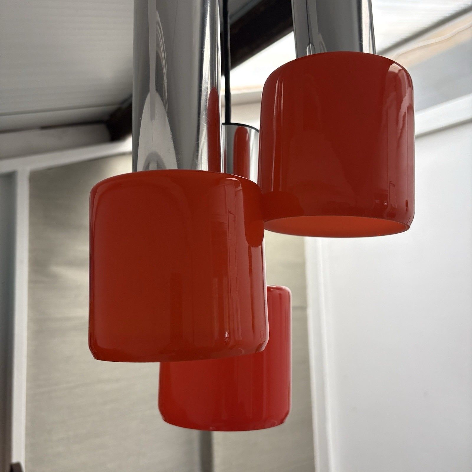 A Vintage 1960s Atomic Thorn Atlas Orange Glass & Chrome Pendant Lights photo 320.0