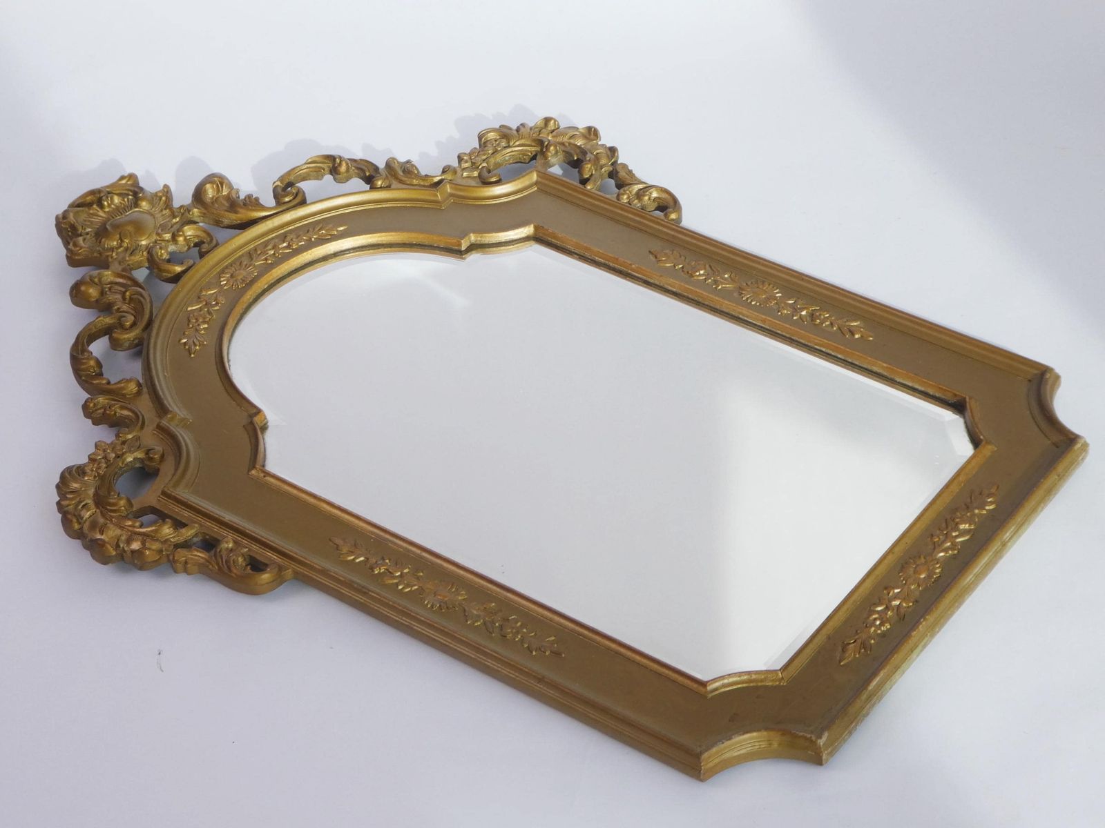Mid Century Gold Ornate French Mirror, Beveled Wall Mirror With Carved Ornaments photo vinterior