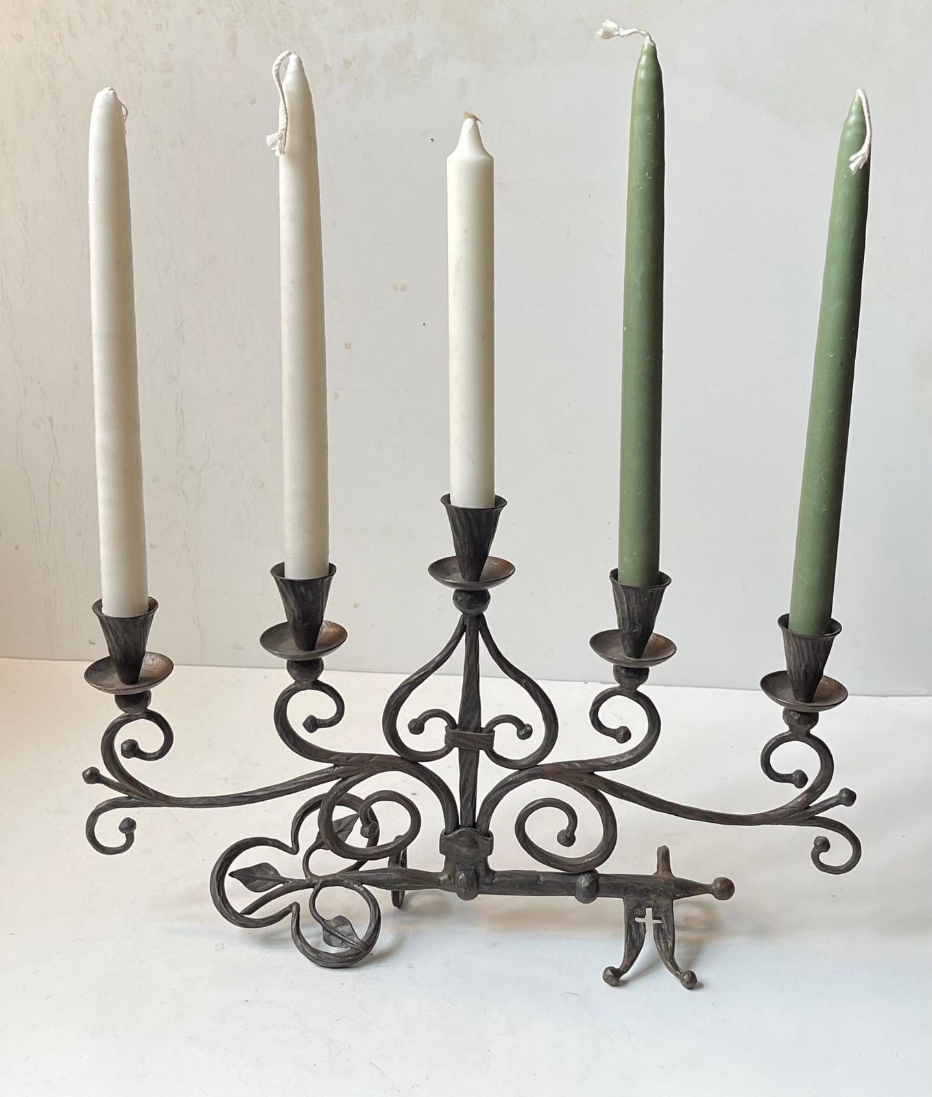 Old Italian Hand Forged Wrought Iron Church 'Key' Candelabra W. 5 Arms photo furniture