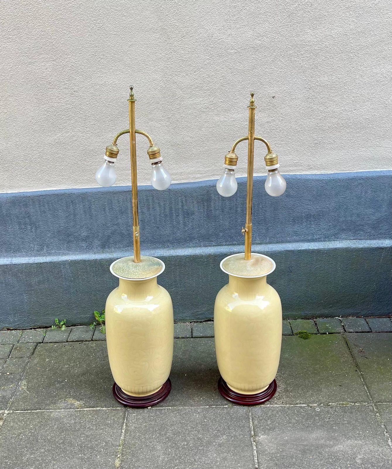 Chinese Pale Yellow Celadon Porcelain Table   Floor Lamps, Set Of 2 photo vintage