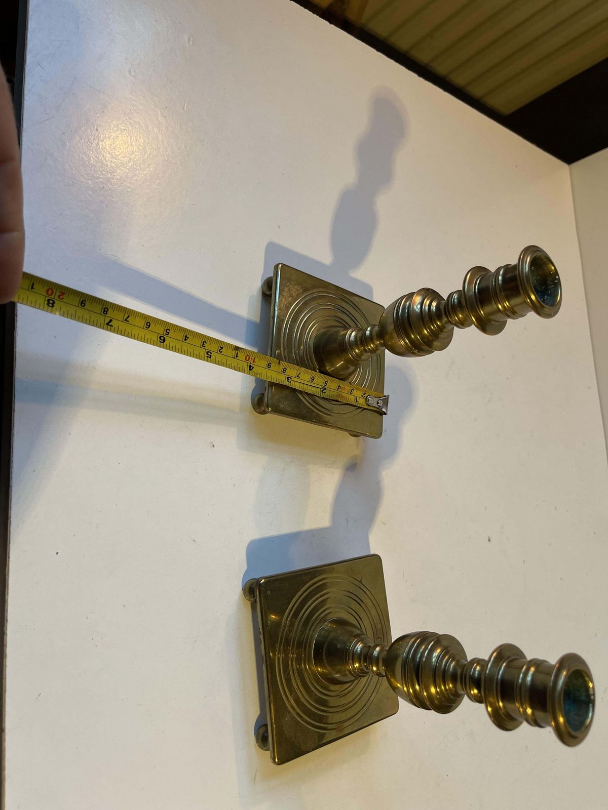photo for sale Antique Castle Candlesticks In Brass, Danish Baroque Revival Style C. 1920
