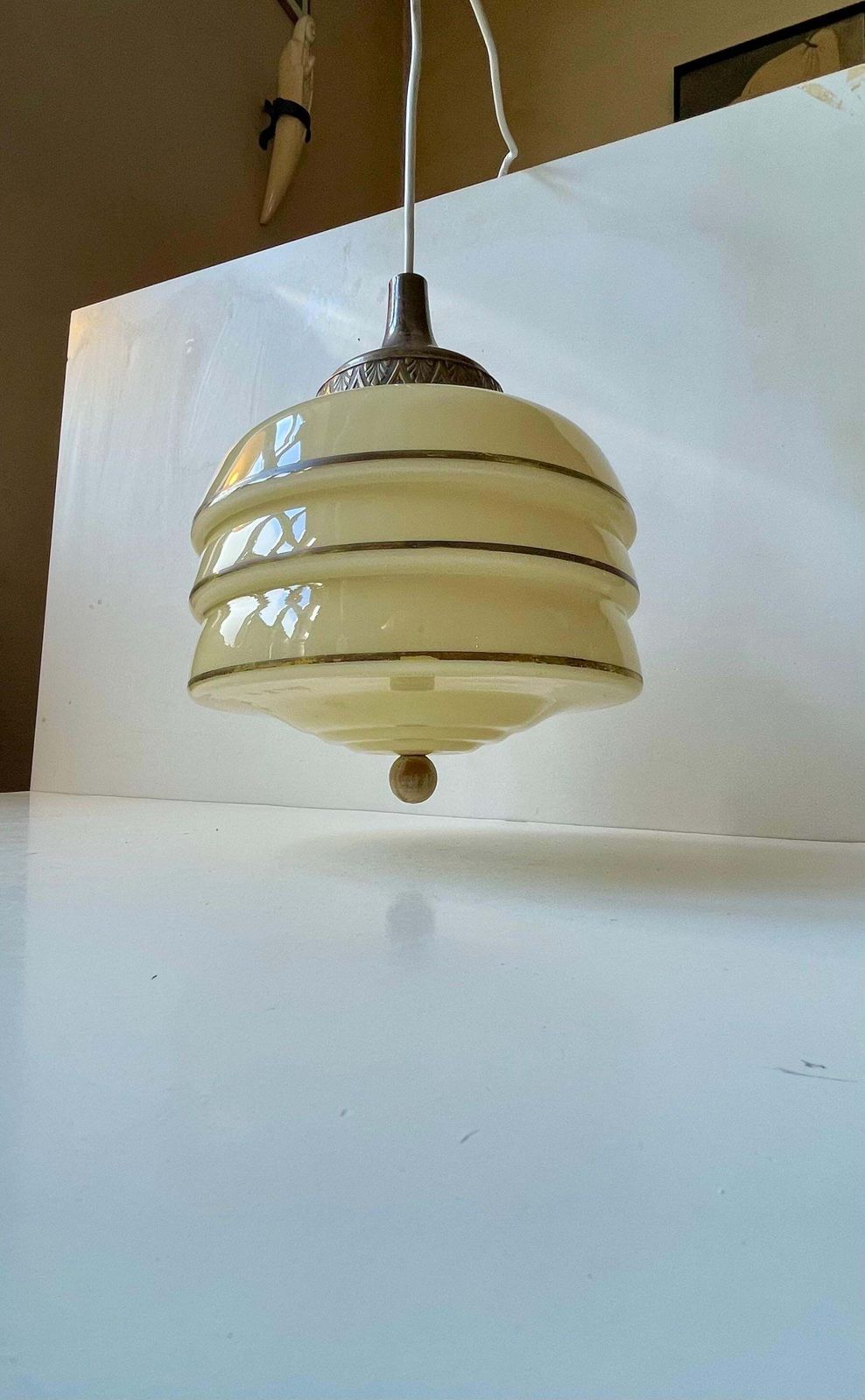 Scandinavian Art Deco 'Beehive' Pendant Lamp In Beige Opaline Glass & Brass photo furniture