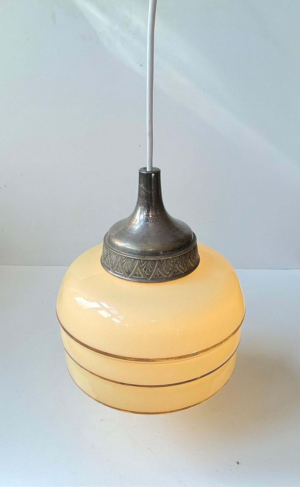 Scandinavian Art Deco 'Beehive' Pendant Lamp In Beige Opaline Glass & Brass photo 507.0