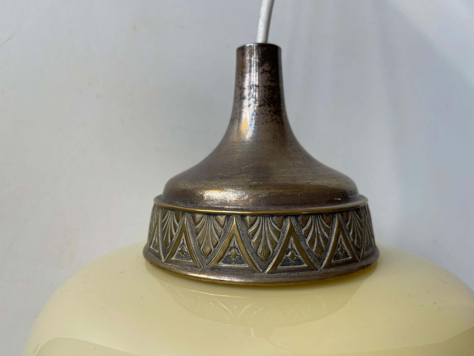 Scandinavian Art Deco 'Beehive' Pendant Lamp In Beige Opaline Glass & Brass photo vintage