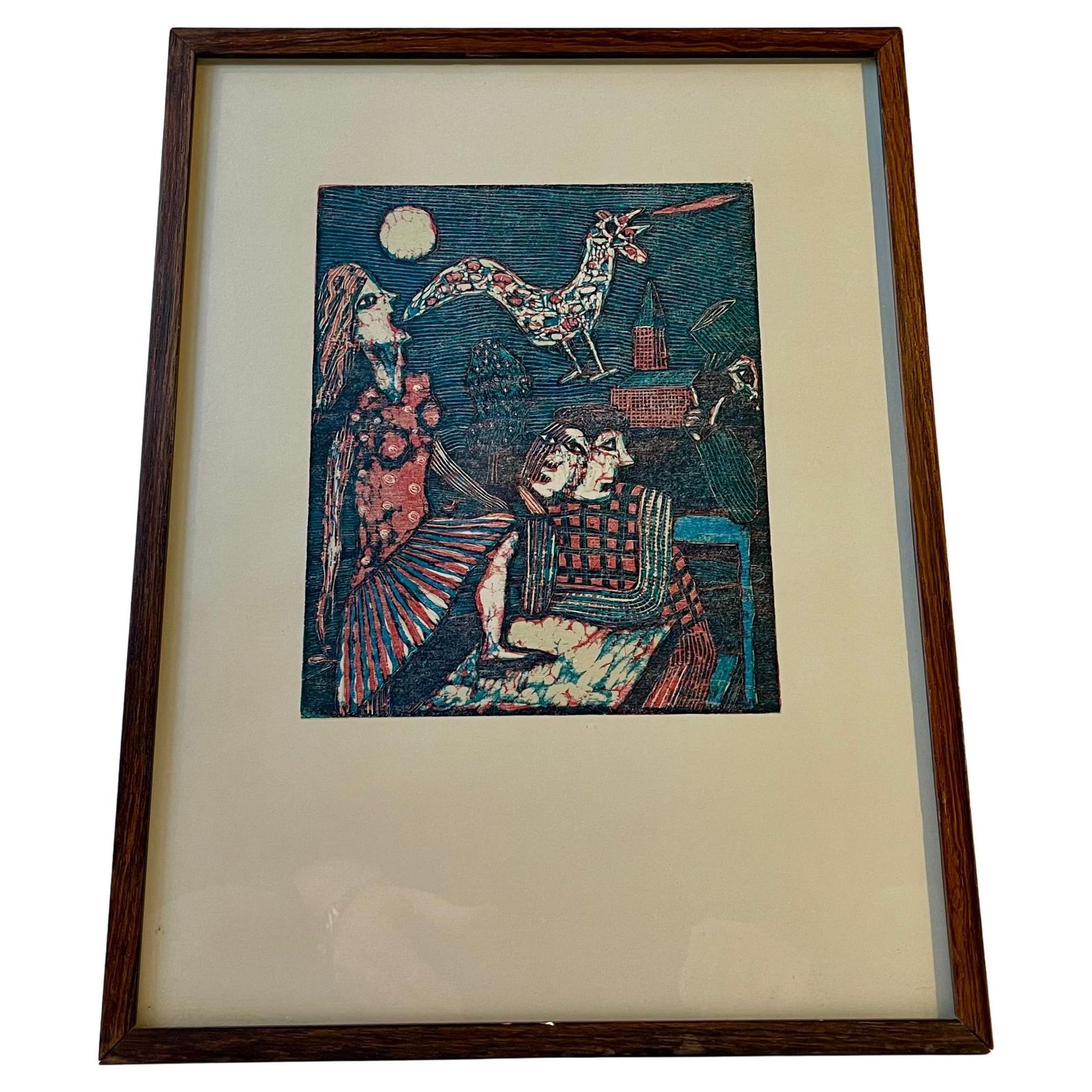 Seppo Mattinen Naive Dreamscape   Lithographic Woodcut In Colors, 1970s