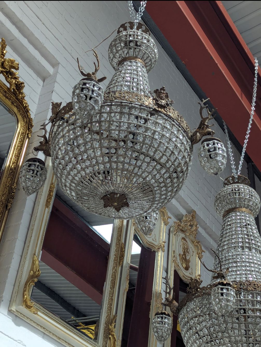 Pair Of French Empire Crystal Chandeliers With Stag Head Detail – Statement Antique Lighting photo furniture
