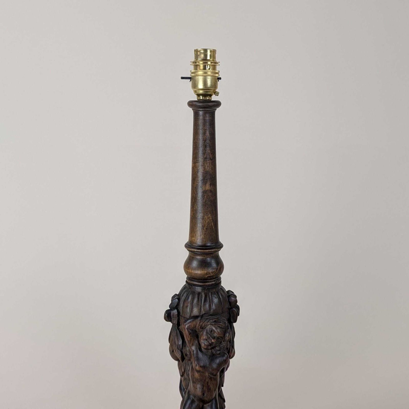 photo for sale Vintage Hand Carved Wood Putti Table Lamp, Dark Finish Italian Style Cherub Figural Desk Light, Original Home Lighting, Bedroom Light Decor