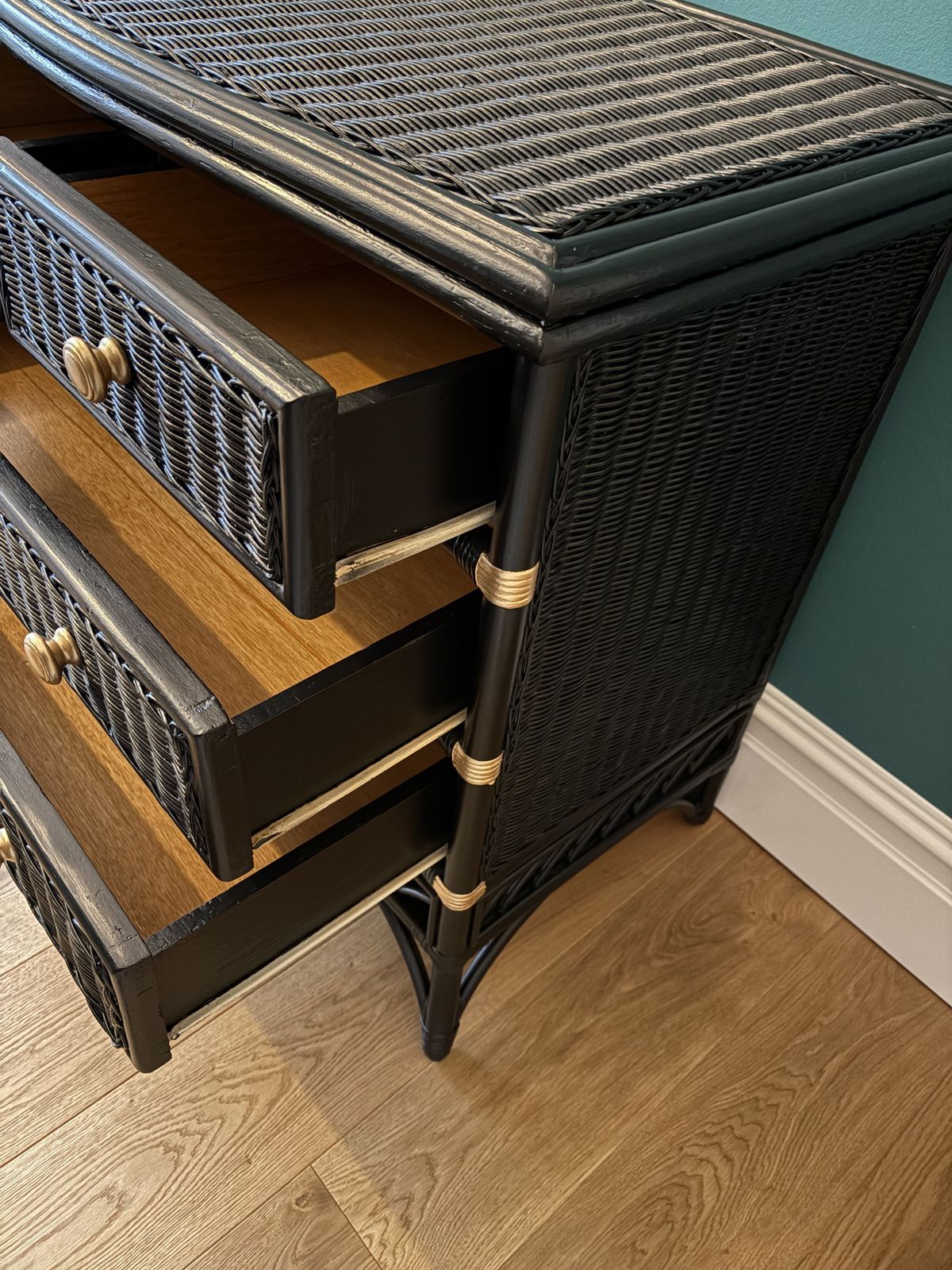 Vintage Black Bamboo Wicker Side Board Chest Of Drawers photo vintage