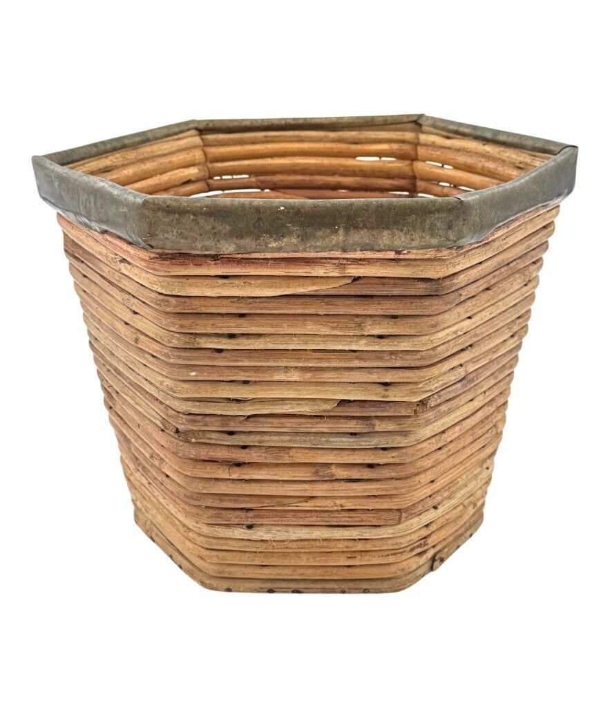 An Italian 1970s Woven Pencil Reed Hexagonal Bamboo Planter With Brass Top photo 275.0