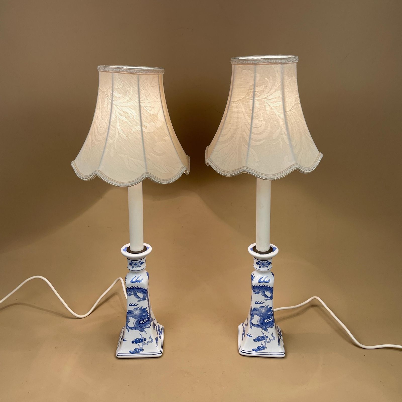 Pair Oriental Ceramic Candlestick Lamps With Shades Blue White Dragon Design Vintage Chinoiserie Porcelain Bedside Table Lighting Chinese photo furniture