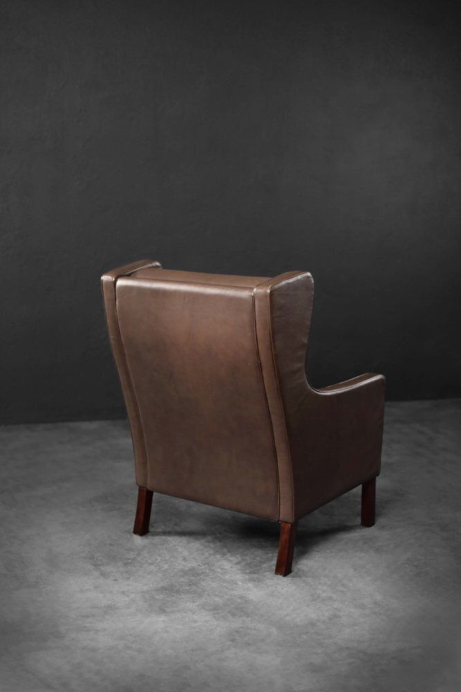 Furniture Mid Century Danish Modern Brown Leather Wing Chair, 1960s photo