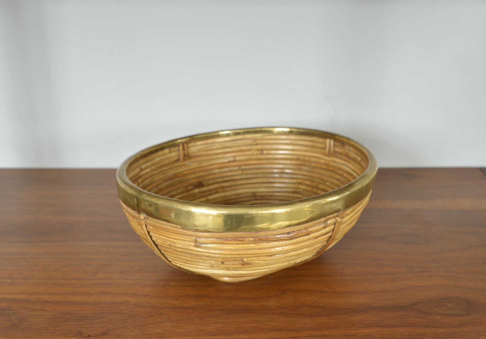 Rattan Cane Brass Basket Centrepiece By Vivai Del Sud Gabriella Crespi Style Italy 1970s photo Home Decor