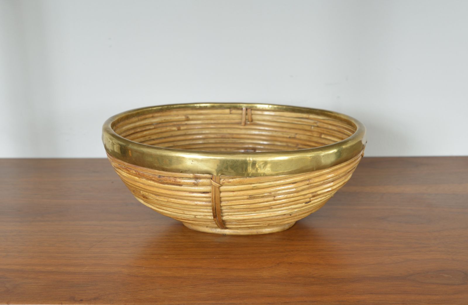 Rattan Cane Brass Basket Centrepiece By Vivai Del Sud Gabriella Crespi Style Italy 1970s photo furniture