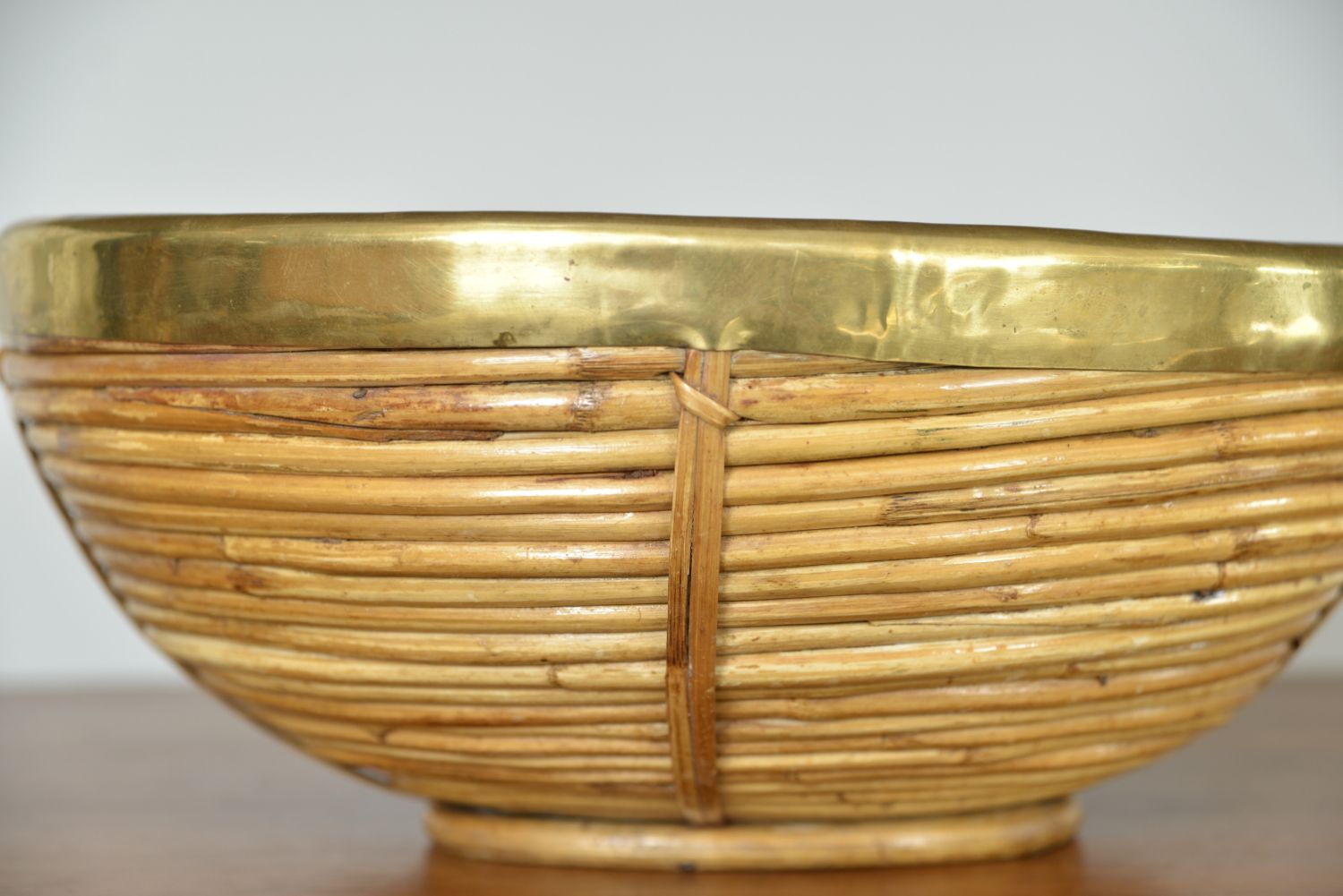photo furniture Rattan Cane Brass Basket Centrepiece By Vivai Del Sud Gabriella Crespi Style Italy 1970s