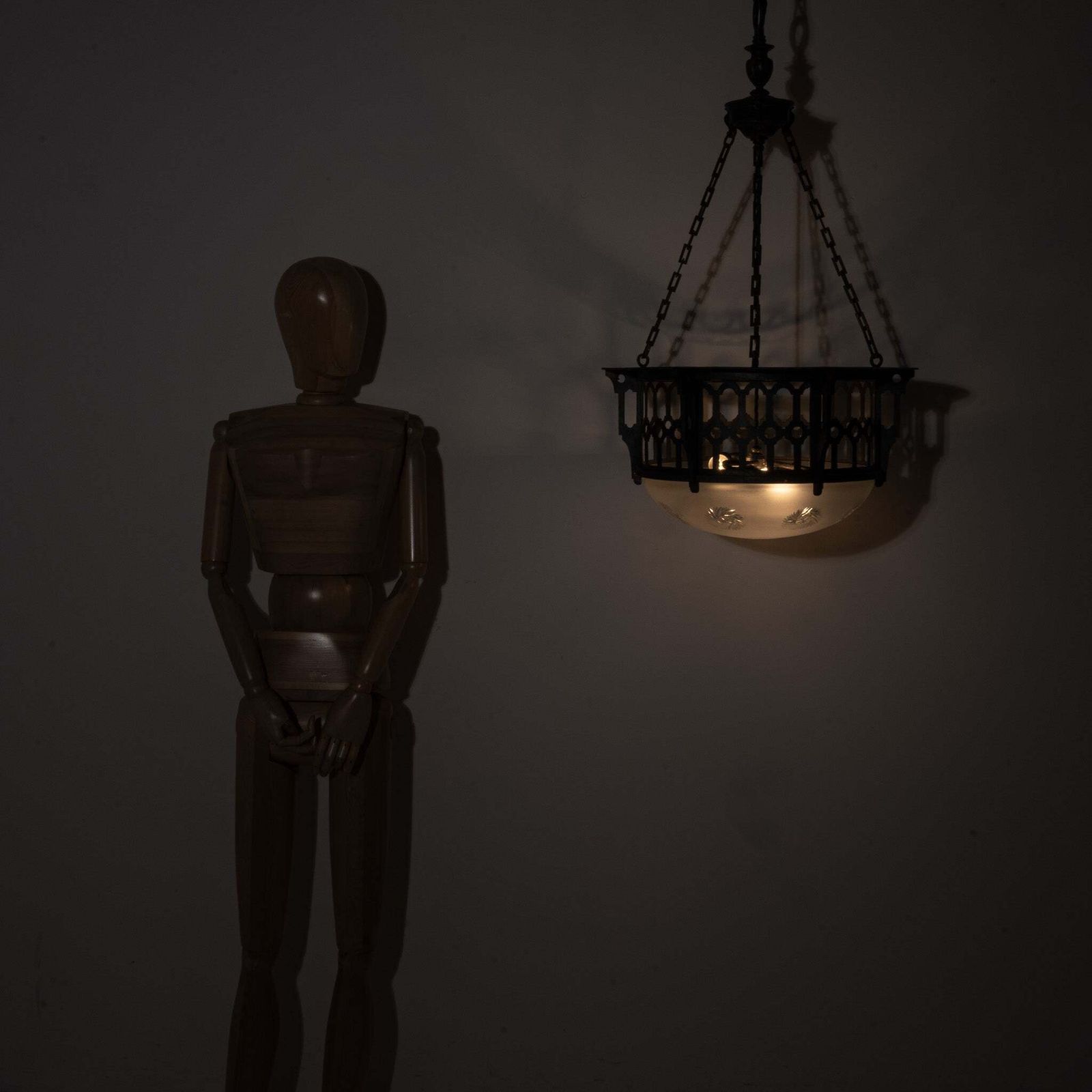 Large Scale Wrought Iron & Cast Brass Plafonnier With Rare Jefferson Satin & Cut Crystal Bowl photo Lighting
