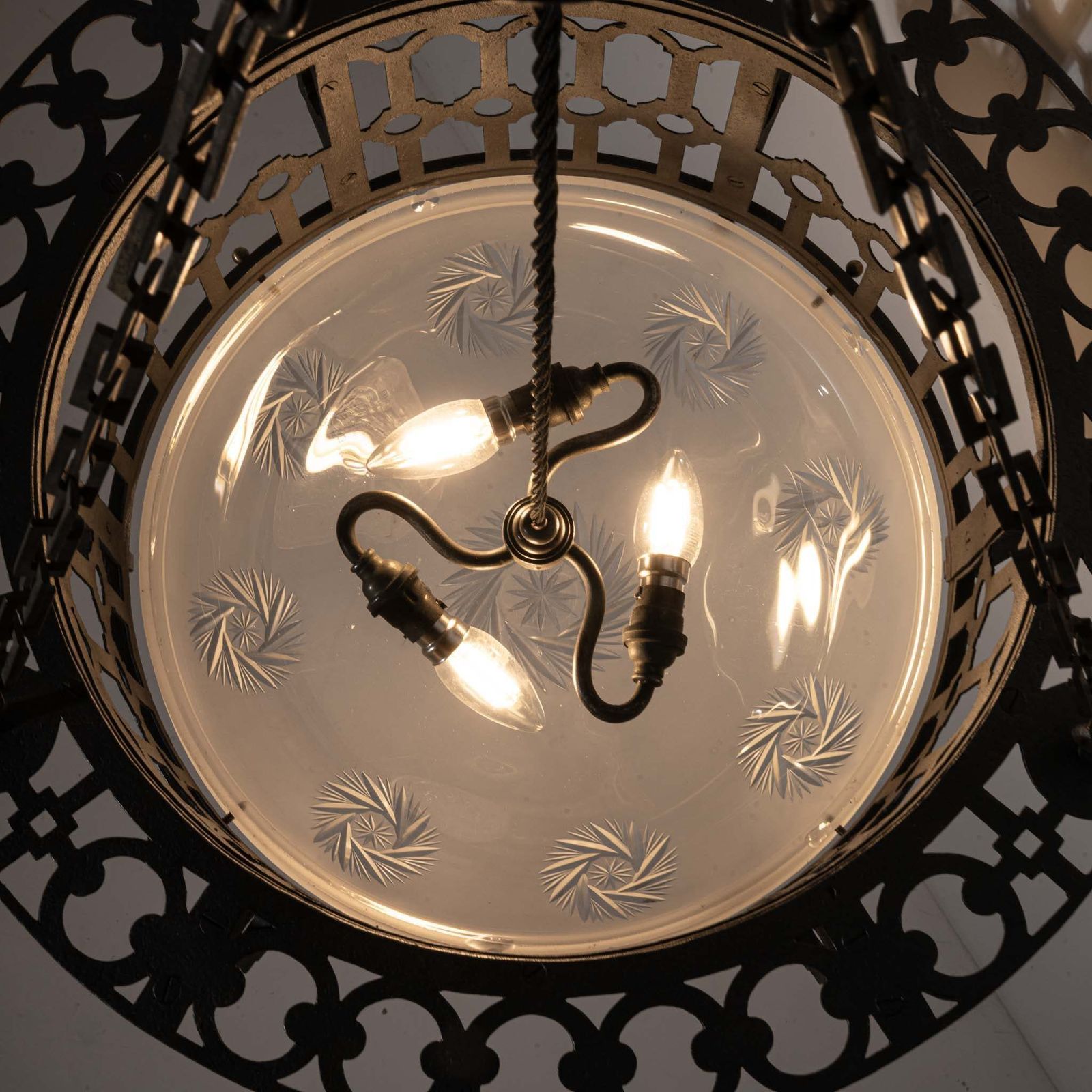 Large Scale Wrought Iron & Cast Brass Plafonnier With Rare Jefferson Satin & Cut Crystal Bowl photo vinterior