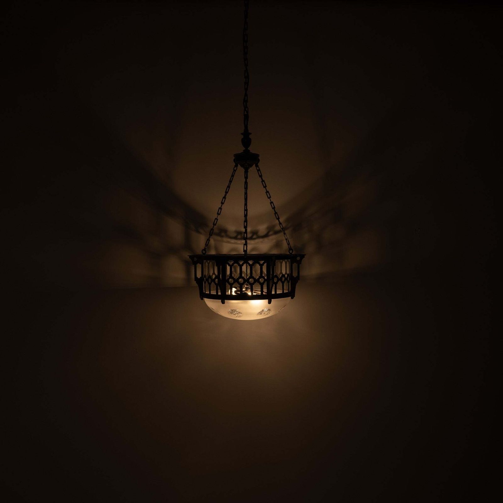 Lighting Large Scale Wrought Iron & Cast Brass Plafonnier With Rare Jefferson Satin & Cut Crystal Bowl photo