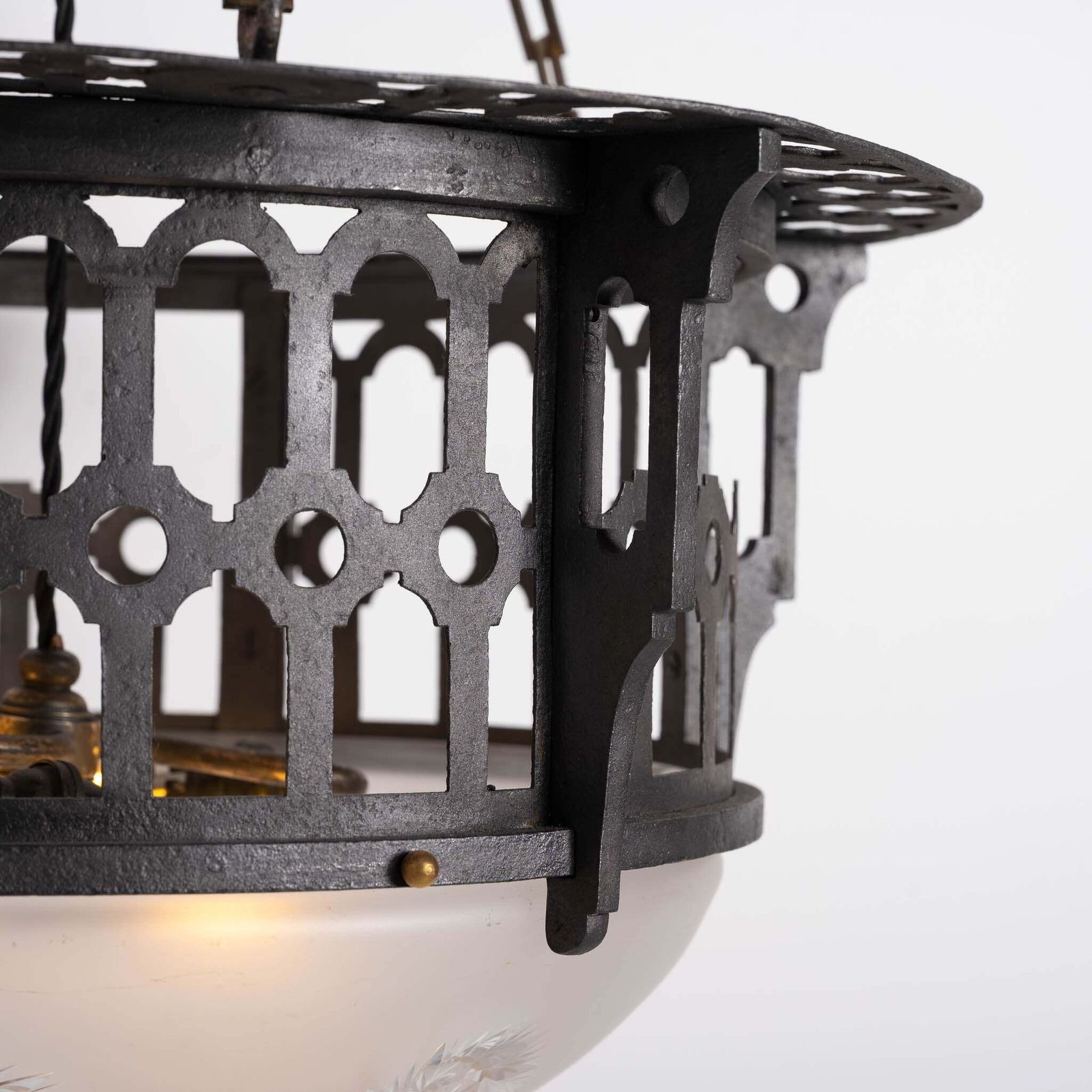 2250.0 Large Scale Wrought Iron & Cast Brass Plafonnier With Rare Jefferson Satin & Cut Crystal Bowl photo